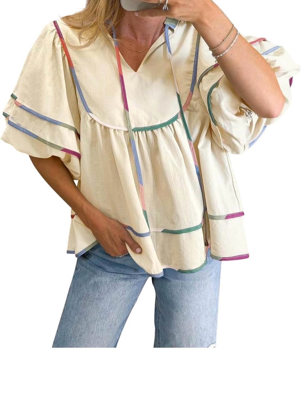 Cream Tiered Peasant Blouse with Multicolor Piping